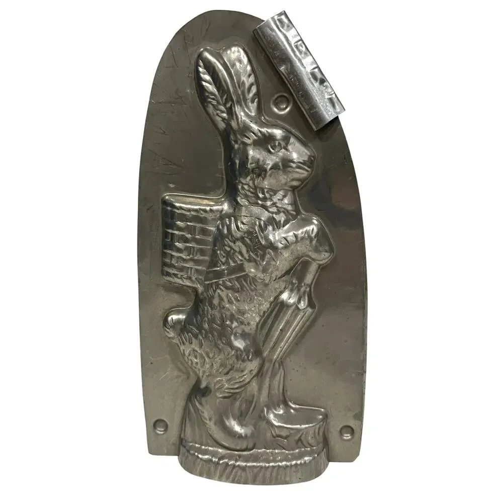 Vintage Antique Rabbit Easter Bunny Metal Chocolate Mold Tin 8” Standing Basket